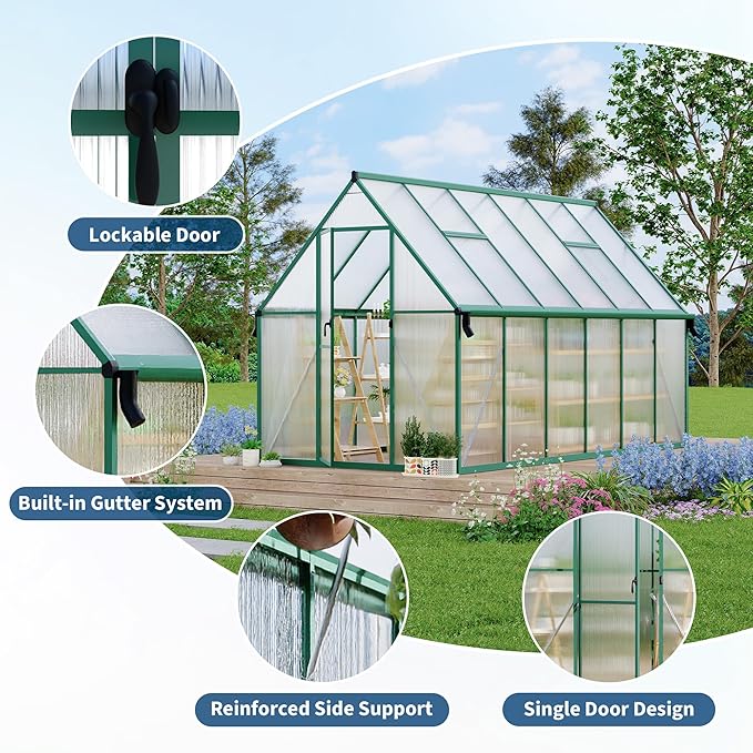 8X14 ft Polycarbonate Greenhouse with Aluminum Frame, Polycarbonate Greenhouse for Outdoors, Greenhouses with Ventilation and Rain Gutter, Aluminum Large Walk-in Greenhouses for Outside