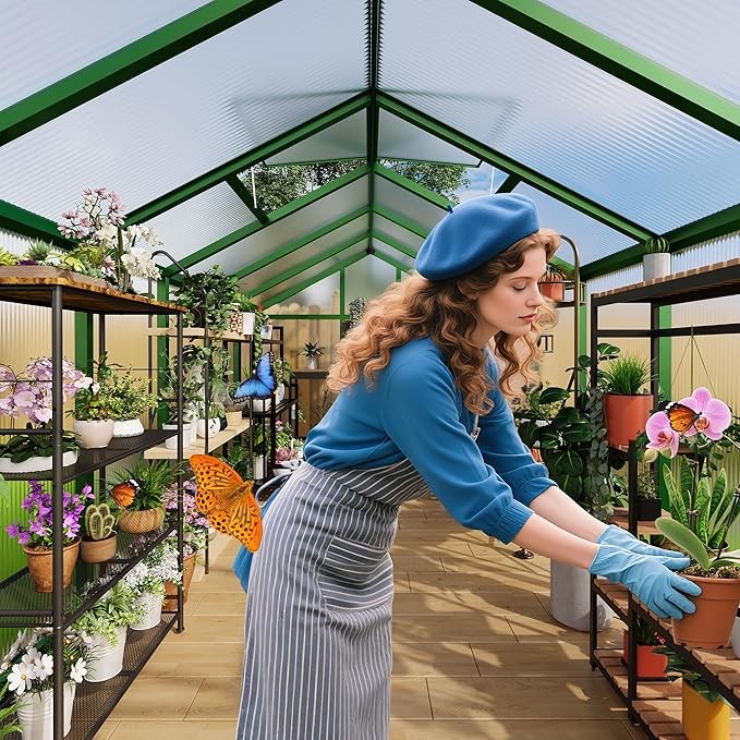 6X6FT Outdoor Greenhouse, Aluminum Polycarbonate House, Green Houses for Outside with Sliding Doors, Ajustable Roof Vent, Withstands Bad Weather for Garden, or Backyard, Green