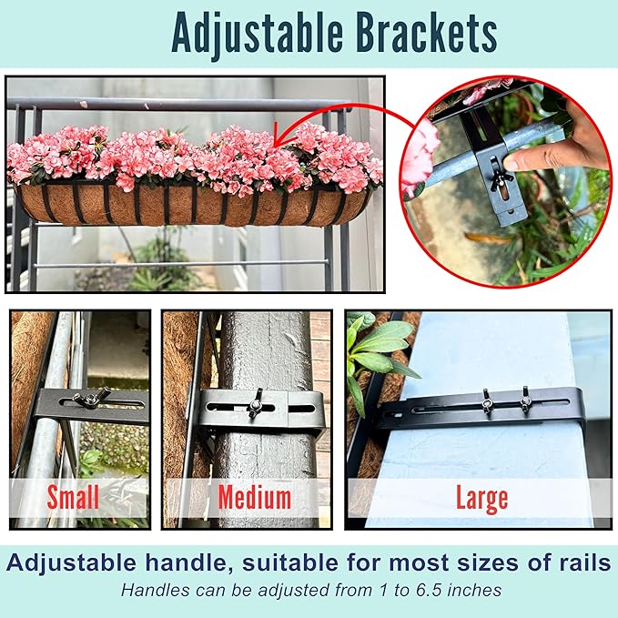 LaLaGreen Railing Planters Box (36", 4 Pack) Black Metal Rectangular Window Flower Box with Coco Liner, Extra Large Wall Hanging Planter for Outdoor Plants Deck Rail Fence Bracket Balcony Porch Decor