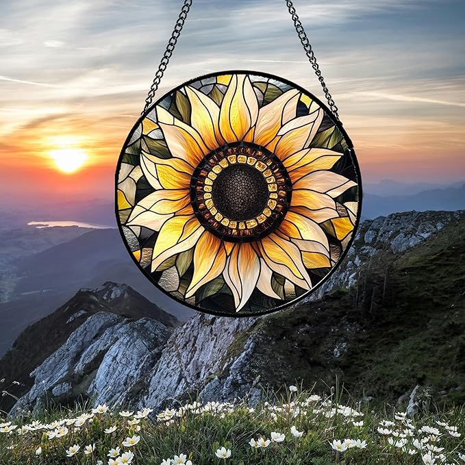 Stained Glass Window Hanging - Sunflower Suncatcher for Door Garden Patio Retro Flower Sun Catchers Decor Christmas Mother's Day Birthday Gifts for Women Mom Nana Friend Wife 7.8 in