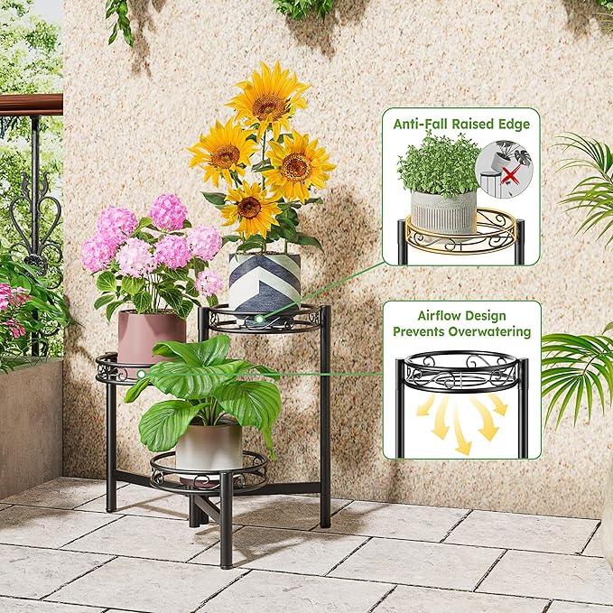 NQW Metal Plant Stand Indoor Outdoor, 3 Tier Corner Tall Plant Shelf for Multiple Plants, Tiered Plant Stand, Heavy Duty Flower Plant Holder, Folding Tall Rack for Garden Patio Lawn Balcony - BlackWave