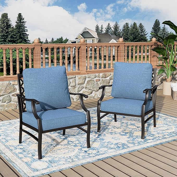 Patio Chairs Set of 2, High Back Outdoor Patio Metal Leg Chairs with 5.75" Thick Cushions for Bistro Balcony Porch Deck and Yard, Navy Blue