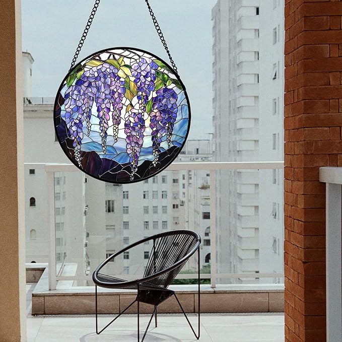 AMDERVEN Stained Glass Window Hanging, Wisteria Flower Sun Catcher for Door Home Decor Purple and Blue Suncatcher Christmas Mother's Day Birthday Gifts for Women Men Mom and Nana 9.8 in