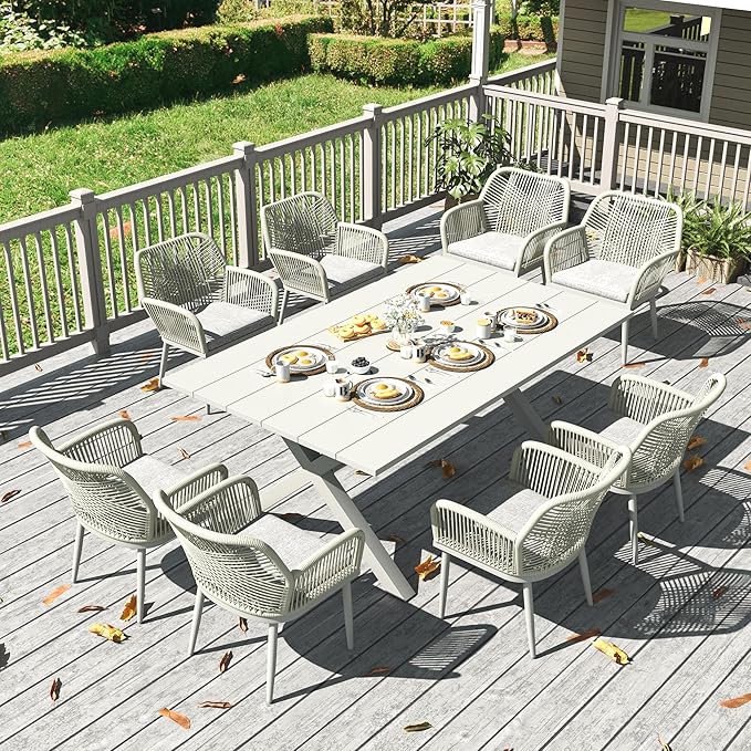 LayinSun Outdoor Dining Set for 8, 9 Pieces Patio Furniture Sets with Aluminum Dining Table and Rope Weave Chairs