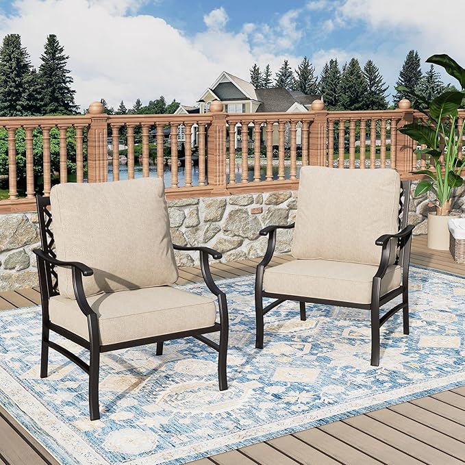 Patio Chairs Set of 2, High Back Outdoor Patio Metal Leg Chairs with 5.75" Thick Cushions for Bistro Balcony Porch Deck and Yard, Beige