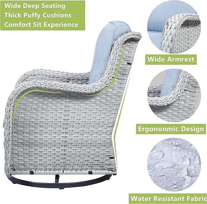 Rilyson Wicker Rocking Chair Swivel Chairs - 2 Piece Rocker Patio Chairs Set Rattan Rocking Chair for Outdoor Porch Deck Garden Backyard(Light Grey/Sky Blue)
