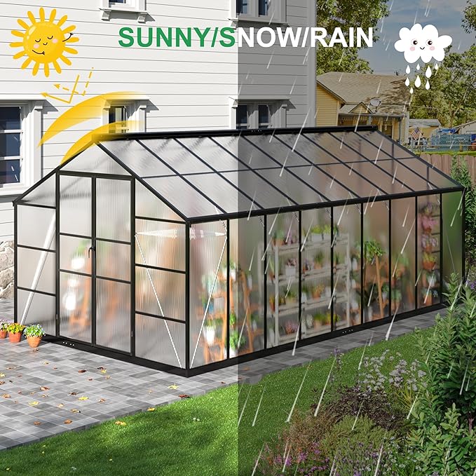 WKM 10x18 FT Greenhouse for Outdoors, Walk-in Polycarbonate Greenhouse with Quick Setup Structure and Roof Vent, Heavy Duty Green House for Outside Garden Backyard, Black