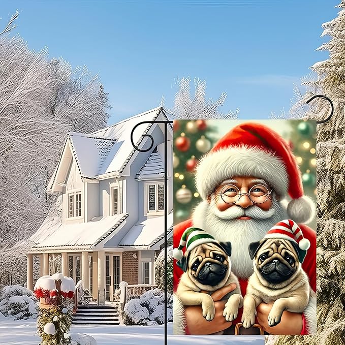 Christmas Garden Flag 12x18 Inches - Double-Sided Santa Claus with Adorable Pugs in Holiday Hats, Weatherproof Outdoor Decoration for Lawn and Garden