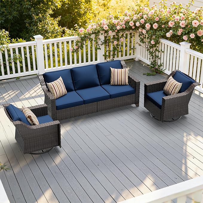 3 Pieces Patio Conversation Furniture Set - 1 Sofa, 2 Swivel Chairs, Outdoor Wicker Furniture with Removable Cushions for Porch, Balcony, Sunroom (Blue)