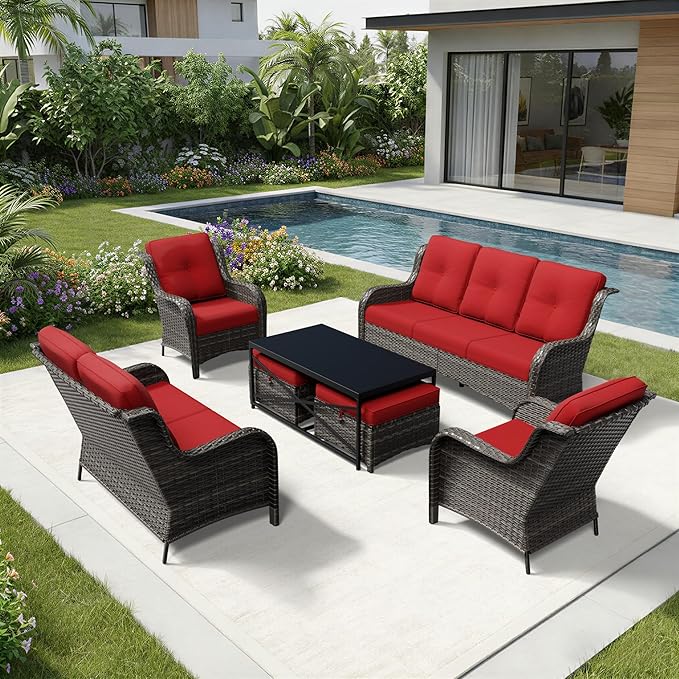 Joyside 7 Piece Wicker Patio Furniture Set, Rattan Patio Chairs with High Back, Deep Seating, Wide Armrest, Thickened Cushions, Outdoor Furniture for Deck, Porch Use