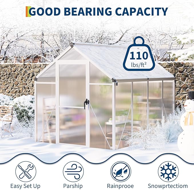 6X8 FT Greenhouse for Outdoors, Polycarbonate Flower Greenhouse with Roof Vent, Push-Pull Lockable Door, Aluminum Walk-in Greenhouses for Outside Garden Backyard, Patio, Lawn, Silver