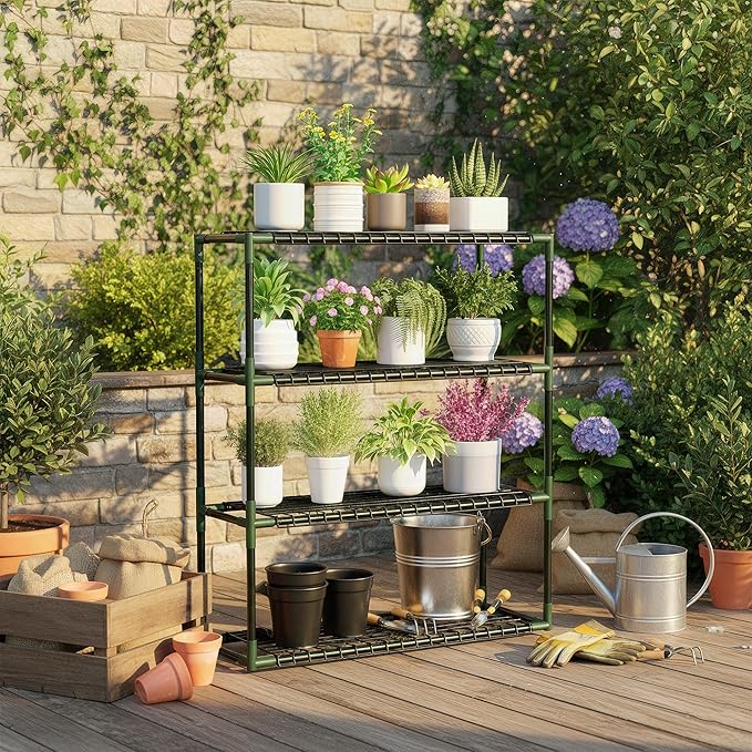 Joyside Outdoor Plant Shelves, 4 Tier 2 Pack Metal Stable Greenhouse Shelving for Home, 34x12x40 Inch Portable Plant Shelf Greenhouse Accessories (4 Tier)