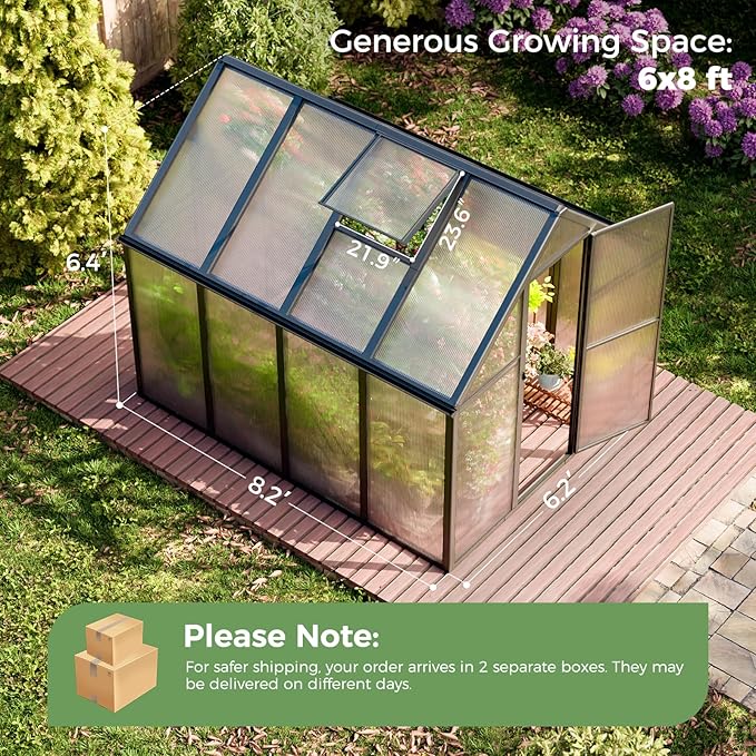 WACASA 8x6x6 FT Greenhouse for Outdoors, Easy Assembly Aluminum Frame Polycarbonate Greenhouse Kit with Vent Window, Swing Door, Walk-in Sunroom for Backyard Garden