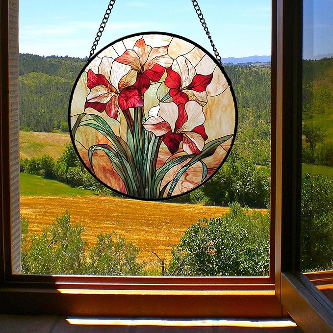 Stained Glass Window Hanging - Red Gladiolus Flower Suncatcher for Door Yard Sun Catchers Decor Christmas Mother's Day Birthday Gifts for Lovers Women Mom Nana Girlfriend Wife 9.8 in