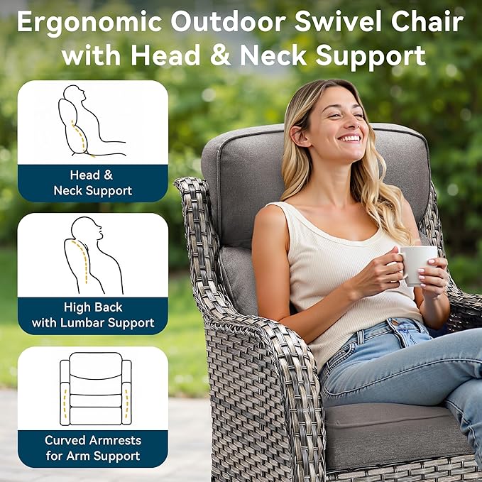 Luxury High Back Outdoor Furniture 6-Inch Thick Cushions with 50,000 BTU Gas Propane Fire Pit Tablet, Patio Furniture Set with Swivel Chairs, 6 PCS for Porch, Balcony, Deck and Yard