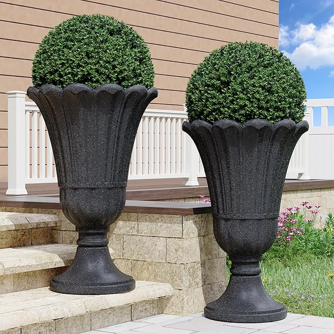 seethmi 23" Tall Planters for Outdoor Plants Set of 2, Planter with Drainage Holes and Petal Design, Large Outdoor Planters for Porch, Garden, Indoor, Black