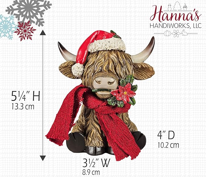 Holiday Scottish Highland Cows - Set of 2 | Resin Home Decor with Christmas Santa Hat Accents | Seasonal Xmas Decor for Centerpiece, Mantel, Kitchen, Dining Room, and More | 5 ¼ inches tall