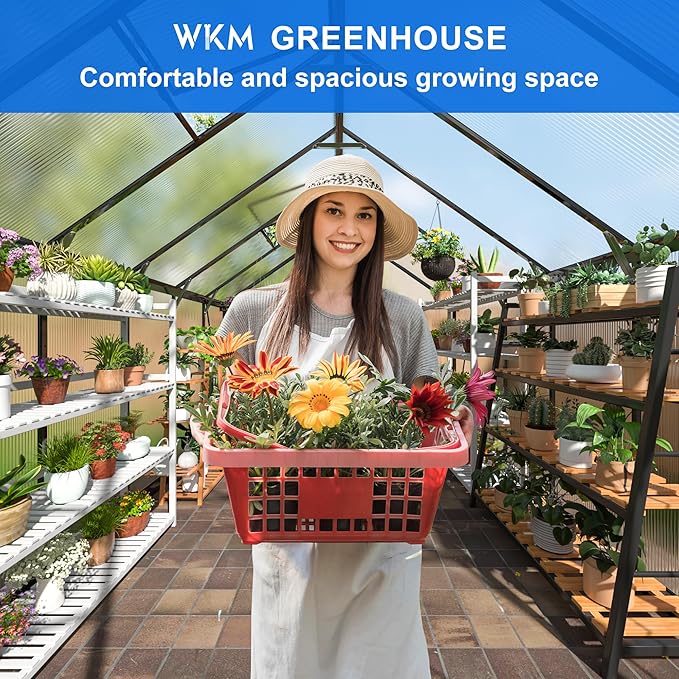 WKM 8x12 FT Greenhouse for Outdoors, Quick-fit Structure Polycarbonate Green House with Window for Ventilation, Walk-in Aluminum Greenhouse for Outside Garden Backyard, Black