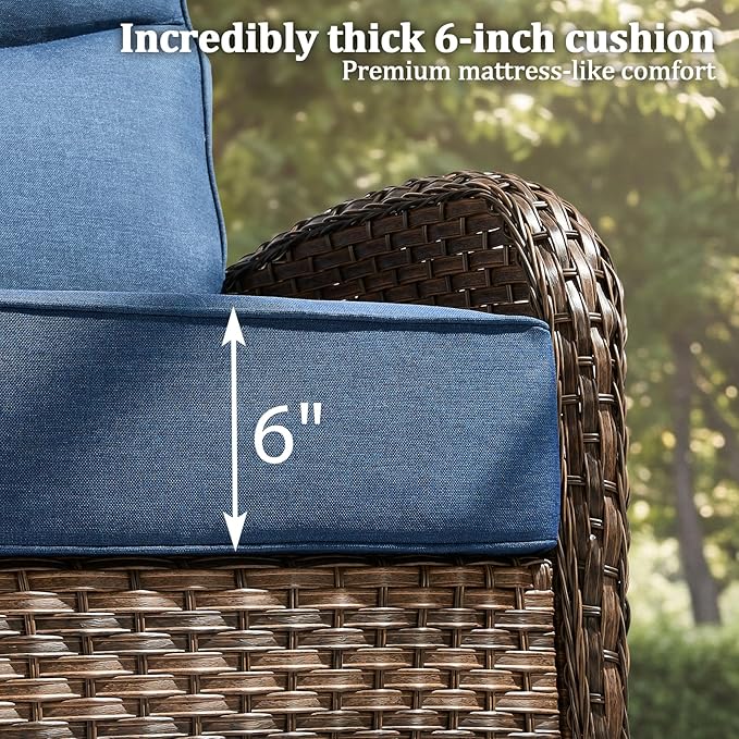 Outdoor Swivel Rocking Chair Patio Set (3-Piece), High-Back - Thick Cushion Swivel Rocking Chair Patio Set, All-Weather Wicker Patio Furniture Set, Suitable for Balcony Patios, Brown/Blue