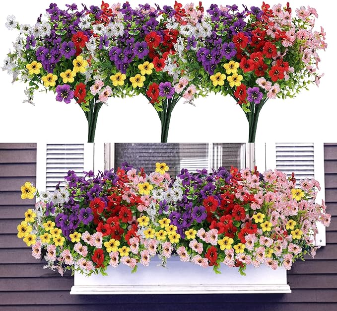 Artificial Flowers for Outdoors UV Resistant, Realistic Fake Silk Flowers Outside Weather Resistant Faux Plants for Window Box, Planters, Porch Decor-12 Bundles,Colorful