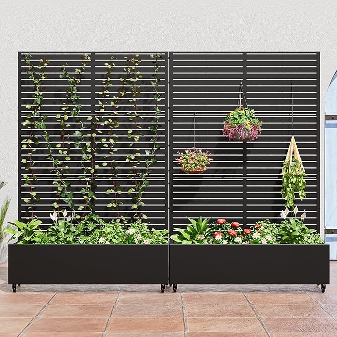 Casaphoria Metal Raised Garden Bed with Trellis and Wheels, 72"x47"x16" Planter Box for Climbing Plants, Vegetables & Vines, Features Drainage Holes and Privacy Screen (Black-Louvered)
