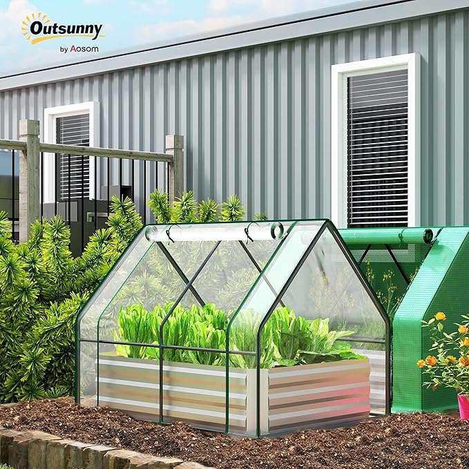 Outsunny 4 x 3 x 3ft Raised Garden Bed with Mini Greenhouse, Galvanized Raised Garden Bed with Cover for Herbs and Vegetables, Small Greenhouse for Patio Garden Balcony, Clear