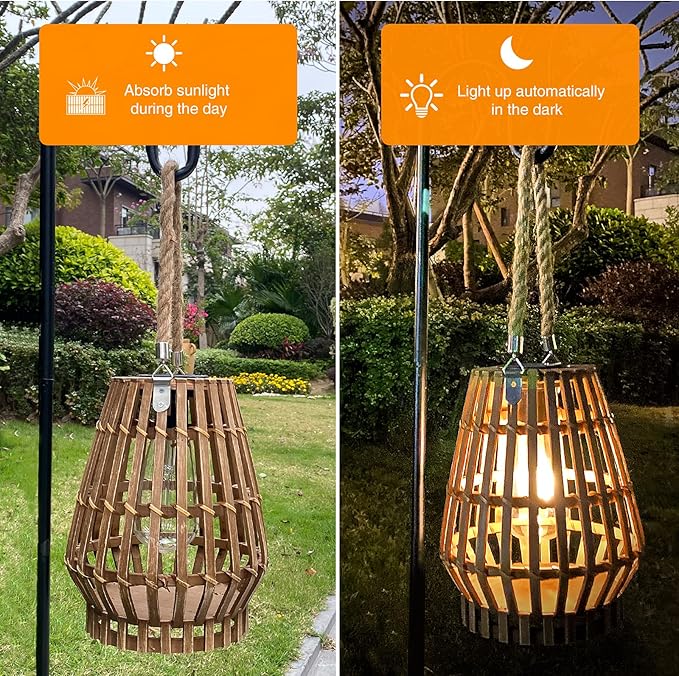 Solar Lanterns Outdoor Waterproof,Large Woven Hanging Pendant Lights with Hook Bamboo Outdoor Solar Chandelier for Gazebo,Garden,Yard,Patio,Porch,Trees,Lawn,Balcony Decorations