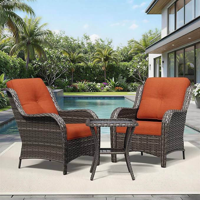 Joyside 3 Piece Wicker Patio Furniture Set, Rattan Patio Chairs with High Back, Deep Seating, Wide Armrest, Thickened Cushions, Outdoor Furniture for Deck, Porch Use