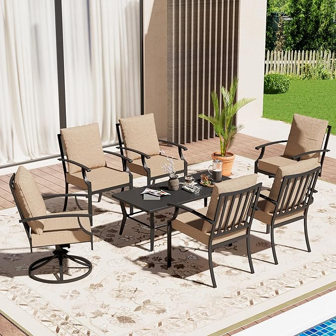 7-Piece Patio Conversation Set, Patio Furniture Set with 4 Stationary & 2 Swivel Chairs with Thick Cushions & a Rectangular All-Iron Coffee Table, Metal Patio Seating Set for lawns, Patio,Sand