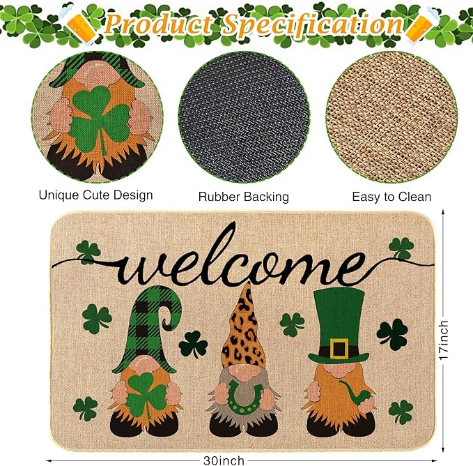 St. Patricks Day Door Mat Lucky Shamrocks Gnome Welcome Floor Mats Indoor Outdoor Rugs Saint Patrick's Day Decorations Kitchen Front Door Bathroom Rug Irish Doormats 17 x 30 Green