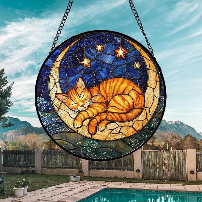 AMDERVEN Stained Glass Window Hanging - Orange Moon Sleeping Cat Sun Catcher for Door Home Decor Blue Starry Sky Suncatcher Christmas Mother's Day Birthday Gifts for Women Men Mom Nana 11.8 in