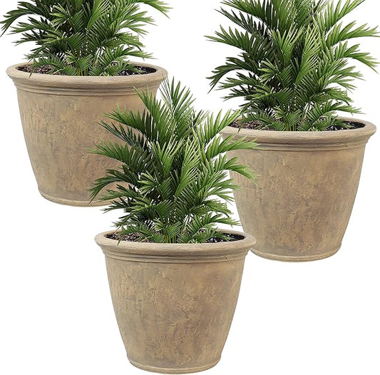 Sunnydaze 24-Inch Anjelica Large Plastic Pot for Plants - Double-Walled Outdoor Polyresin Round Planter Porch Pot with Drillable Drainage Holes - Beige - 3pk