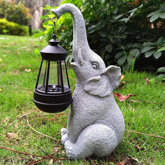 Qobumy Elephant Solar Garden Statues,Resin Elephant Figurine Decorations with Solar Lights Lantern, Outdoor Figurines Lawn Garden Statue Decor Art for Lawn,Yard, Balcony Ornament.