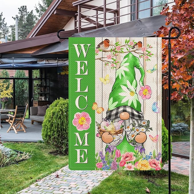 Spring Gnome Garden Flags for Outside, Floral Birds Welcome Yard Flags, 12x18 Double Sided, Seasonal Lawn Flag, Gnomes Decorations for Porch Farmhouse