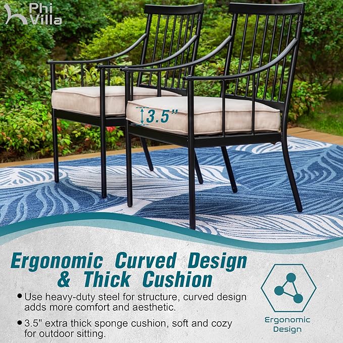 PHI VILLA Outdoor Metal Steel Dining Chairs with Cushion, Black Heavy-Duty Weatherproof Armchairs for Patio, Deck, Yard - Set of 6