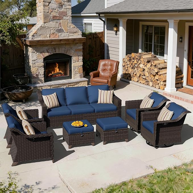 7 Pieces Patio Conversation Furniture Set - 1 Sofa, 2 Armchairs, 2 Ottomans, 2 Swivel Chairs, Outdoor Wicker Furniture with Removable Cushions for Porch, Balcony, Sunroom (Blue)