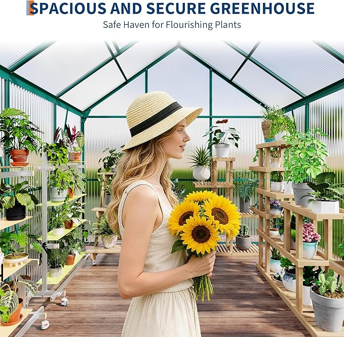 CABIHOME 6 x 6 FT Greenhouses for Outside, Polycarbonate Greenhouse with Aluminum Frame, Sliding Door, Adjustable Roof Vent, Backyard Green Houses, Patio Garden, Green
