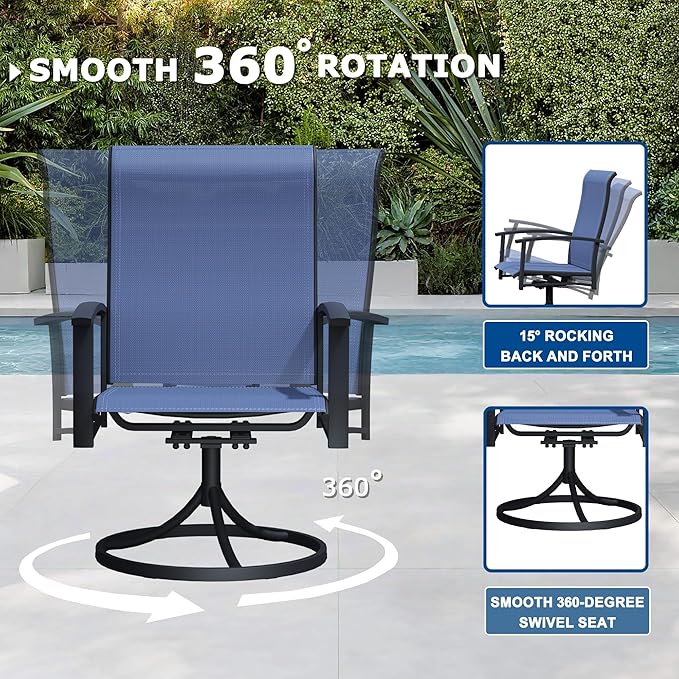 7 Pieces Outdoor Table and Chairs for 6, 47" Black Round Table with 2 Blue Swivel and 4 Big Chairs, Patio Dining Set with Swivel Chair