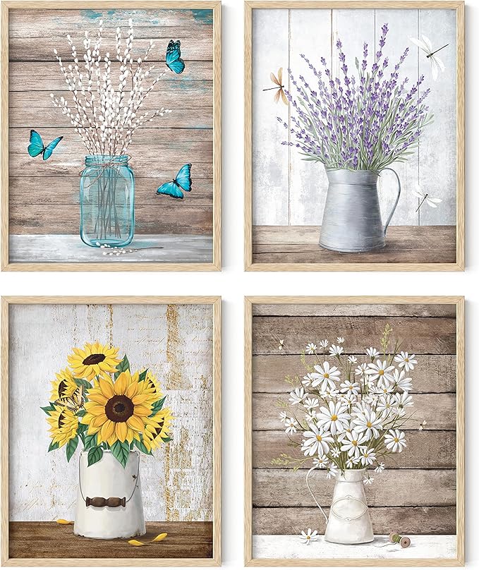 HAUS AND HUES Flower Wall Decor - Set of 4 Floral Wall Art, Framed Flower Painting, Floral Pictures for Kitchen, Bedroom, Living Room (16x20, Beige Frame)