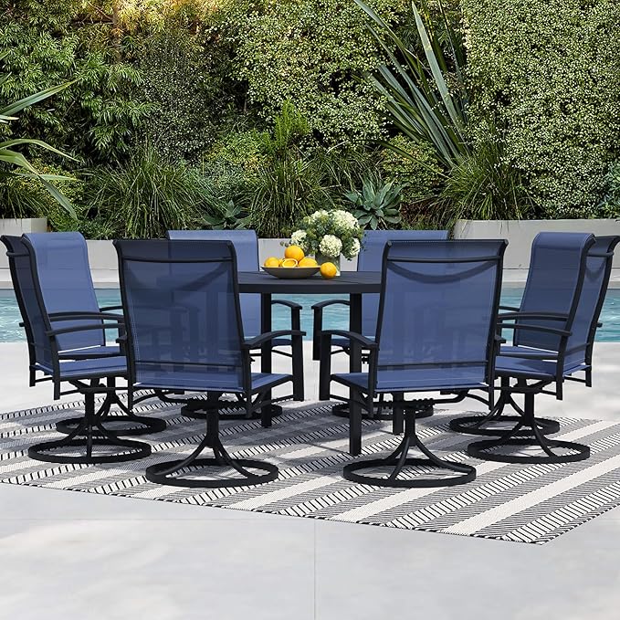 9 Pieces Outdoor Table and Chairs for 8, 60" Black Round Table with 8 Blue Swivel Chairs, Patio Set with Swivel Chair, Garden Tables for Outdoor, Patio Dining Set for Lawn Backyard Poolside