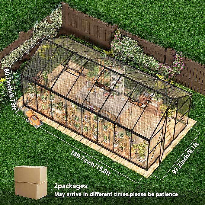 Wanan 16x8FT Greenhouses for Outdoors, Quick Assembly Polycarbonate Green House with UV Protection, Heavy Duty Windproof Aluminum Frame, Adjustable Roof Vent for Backyard or Outdoor Garden Use