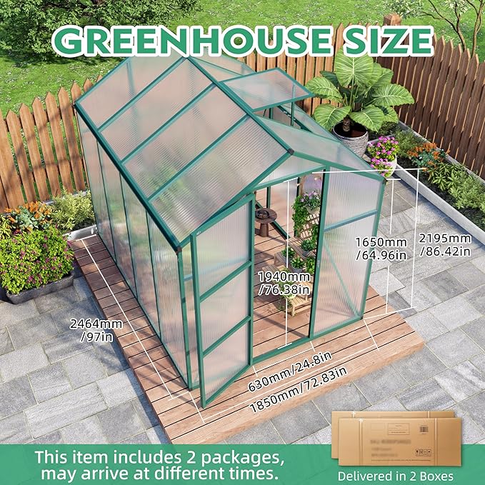 6x8 FT Greenhouse,Outdoor Polycarbonate Greenhouse with Roof Vent & Integrated Gutters,Aluminum Walk-in Green House W/ Reinforced Frame for Outside Garden Backyard,Green