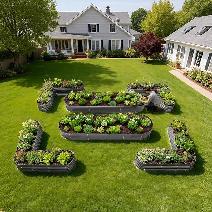 A ANLEOLIFE 6-Piece 18 Inch Tall Quartz Grey Raised Garden Beds Kit, Heart-Shaped & Long Oval Planters for Creative Garden Layouts.