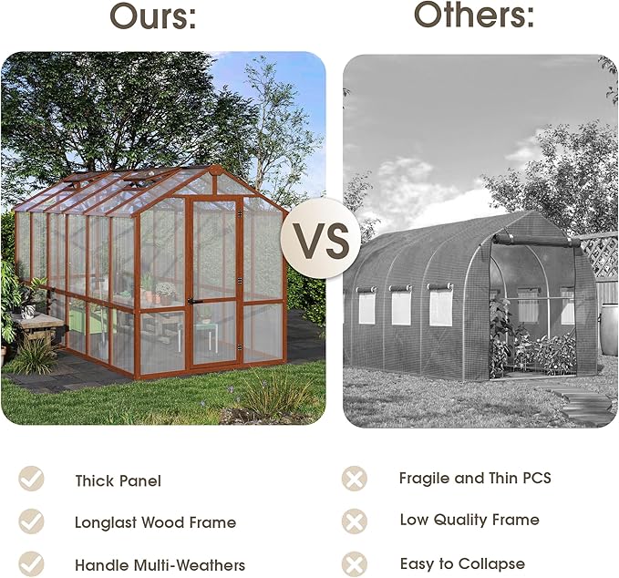 Large Walk in Greenhouse for Outdoors, 6x12 FT Length Heavy Duty Polycarbonate Panel Wooden Frame with Roof Vent & Lockable Outward-Opening Swing Door, All Season Garden Greenhouse for Backyard Patio