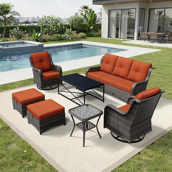 Joyside 7 Piece Wicker Patio Furniture Set, Outdoor Swivel Rocker Patio Chairs with High Back, Deep Seating, Wide Armrest, Thickened Cushions, Outdoor Furniture for Deck, Porch Use