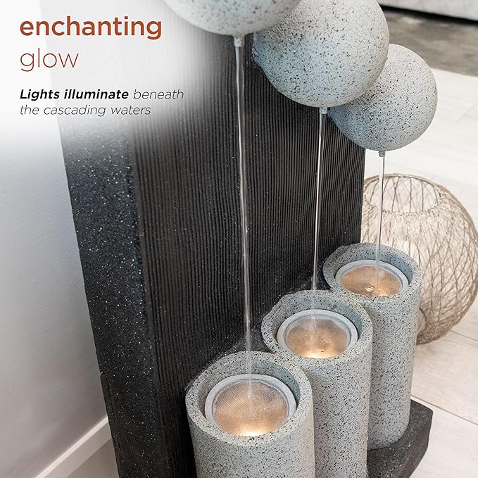 Alpine Corporation 37" Tall Outdoor Floor Calming Infinity Fountain with LED Lights, 3-Tier Modern Water Fountain, Gray