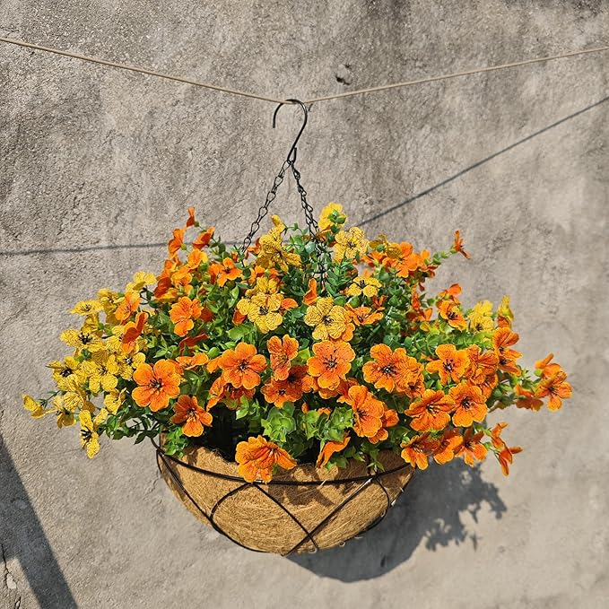 Lamsze Artificial Faux Hanging Plants Flowers Basket for Summer Autumn, Colorful Daisy Flowers Eucalyptus UV Resistant Look Real for Outdoor Outside Porch Decoration