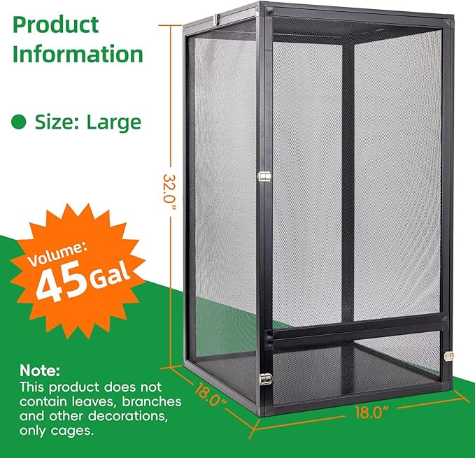BINANO 45 Gal Detachable and Foldable Reptile Butterfly Cage Terrarium, 360° Observation, Airflow, Interaction in Gecko Tank for Crested Geckos, Leopard Geckos, Chameleons, Bearded Dragons
