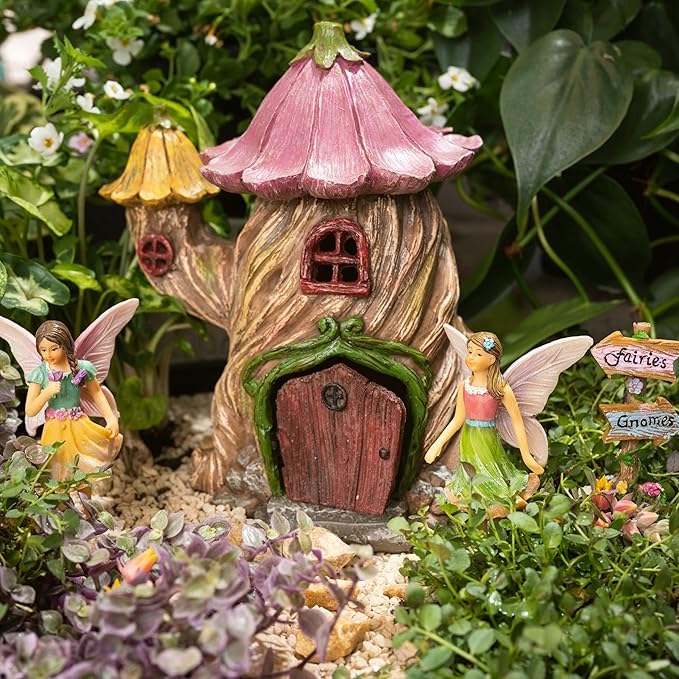 PRETMANNS Fairy House Kit - Fairy Garden Accessories for Outdoor Miniature Village Decor, with Fairies & Sign - Flower Stump House, 7" High & Door can Open Wide - 4 Piece Supplies