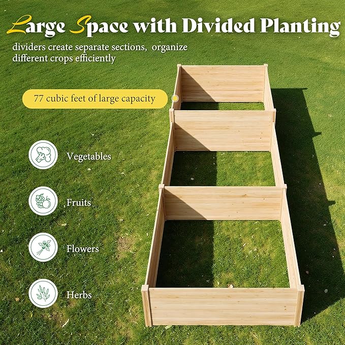SPECRAFT 2 Tier Raised Garden Bed, 23 Inch Deep Fir Wood Planter Box with Mortise & Tenon Structure, 3-Section Open Base for Vegetables, Flowers & Herbs, Backyard, Garden & Patio, 142 x 49 x 24 in